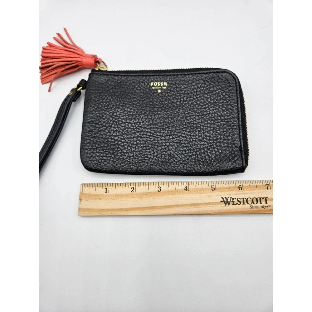 Fossil Black Pebbled Leather‎ Wristlet Clutch With Orange Tassle Zipper Close